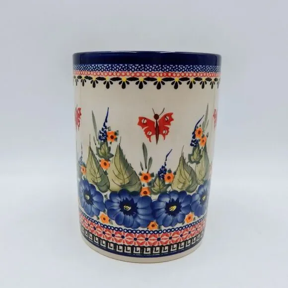 Zaklady Pottery Blue Floral Butterfly Kitchen Countertop Utensil Holder Crock 7